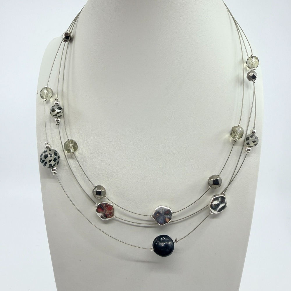 VTG Multi-Strand Silver Tone Animal Print Bead Necklace Chic Accessory